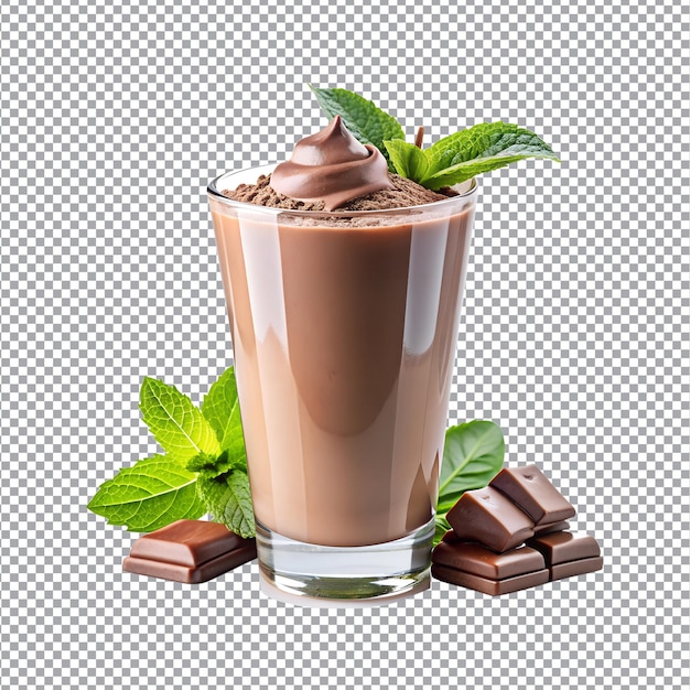 Chocolate milkshake cocktail on a transparent background with with Chocolate slice and leaves