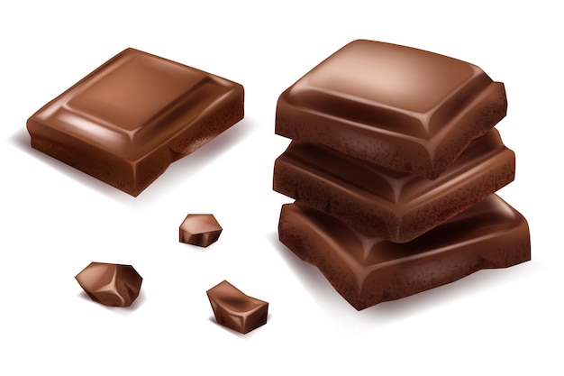 Chocolate pieces shavings d realistic vector set horizontal and vertical splash of chocolate