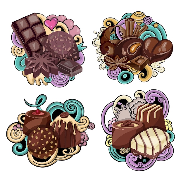 Chocolate set of badges and labels with various tasty sweets High quality illustration