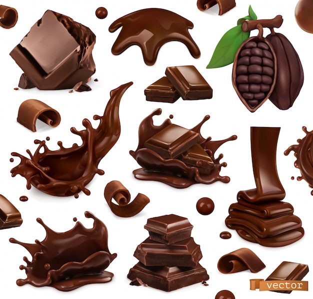 Chocolate set. Splashes, pieces and chocolate shavings, cocoa bean. 3d realistic. Food illustration