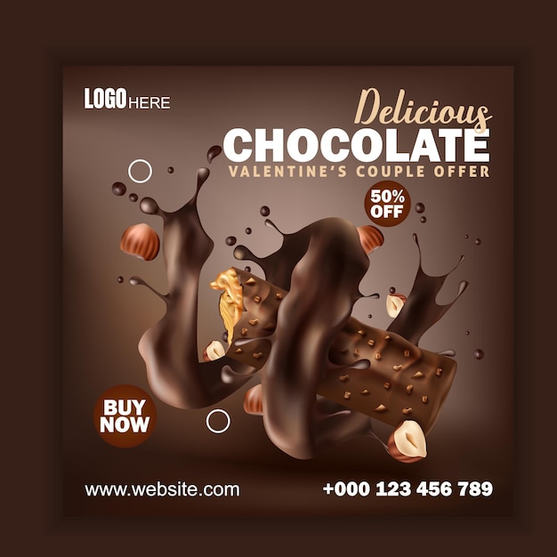 Chocolate social media post Promotion banner package of milk chocolate with hazelnuts isolated on