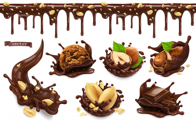 Chocolate splashes with peanuts, hazel nuts, chocolate cookies. Seamless pattern. 3d  realistic food objects set