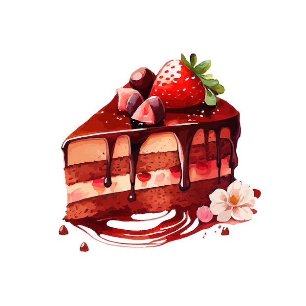 Chocolate and strawberry cake watercolor isolated on white background Bakery dessert food vector illustration