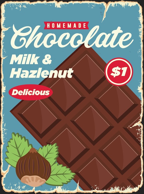 Chocolate with milk and hazelnut vintage metal sign retro poster vector template