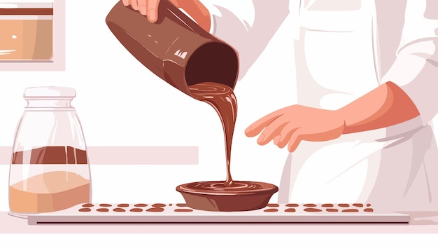 Vector chocolatier pouring melted chocolate into fondue pot