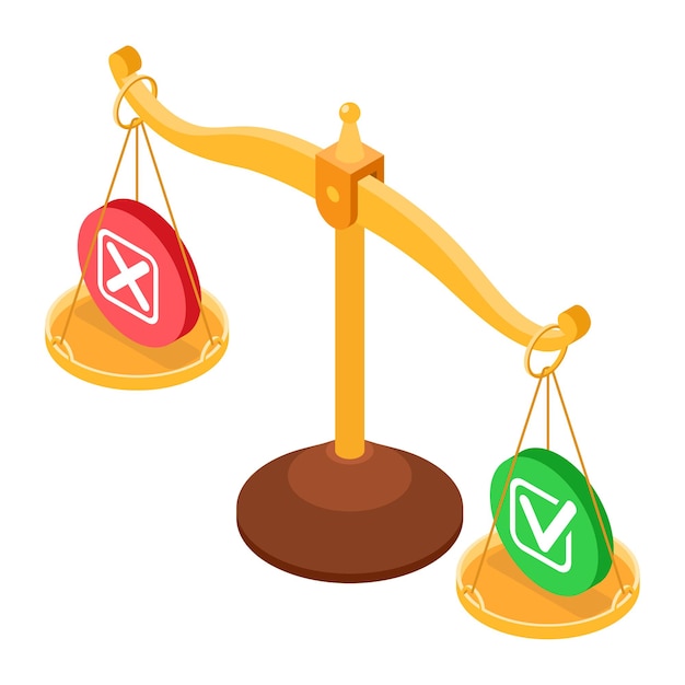 Choice between red no button with cross or green yes button with checkmark on scales isometric education or exam concept isolated vector illustration