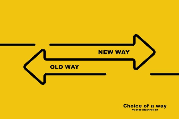 Choice of a way. Old road or new way. Template landing page. Form for web design and text placement. Vector illustration design black line. Direction of arrows forward or backward.