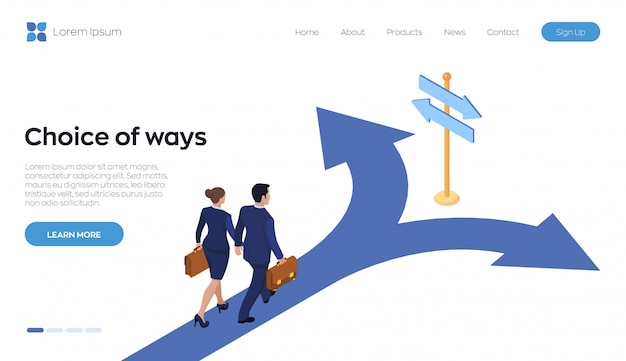 Vector choice of ways landing page. a businessman and businesswoman with a briefcase in hand is walking along the road to a crossroads.