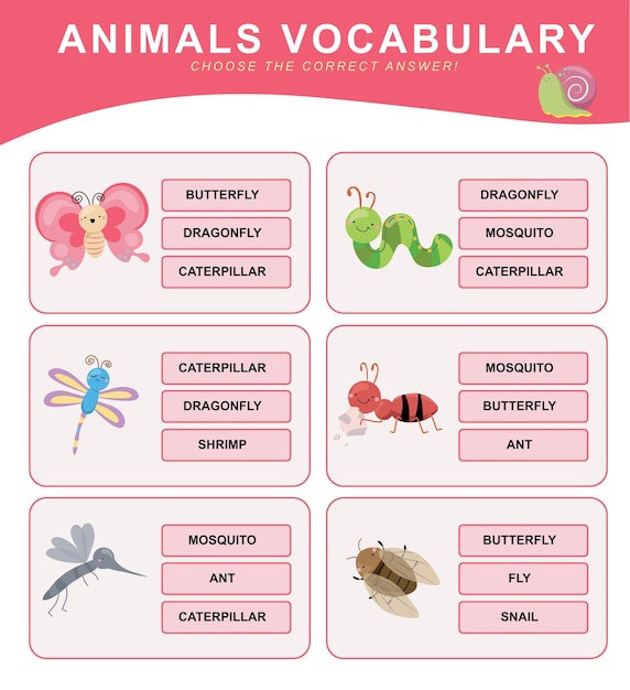 Choose the correct answer. Animals vocabulary. Worksheet for preschool. Words test educational game