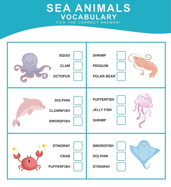 Choose the correct answer. Sea animal vocabulary. Worksheet for preschool. Vector file.