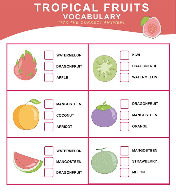 Choose the correct answer. Tropical fruits vocabulary. Worksheet for preschool. Vector file.