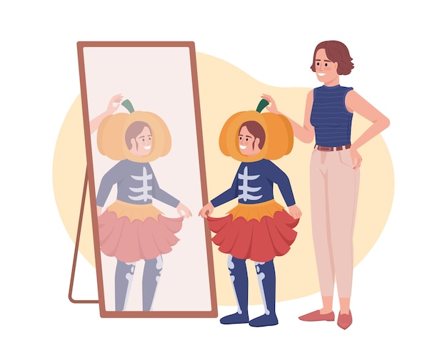 Choosing costume with mom 2D vector isolated illustration