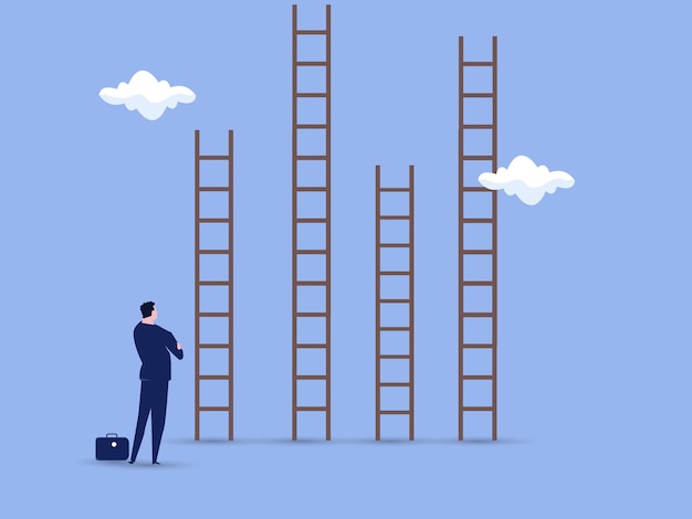 Choosing success ladder difference career path opportunity or various choices challenge to choose best option climb up ladder of success concept businessman thinking to choose the right ladder