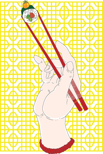 Chopsticks in the hand hold a roll on the background of a geometric ornament