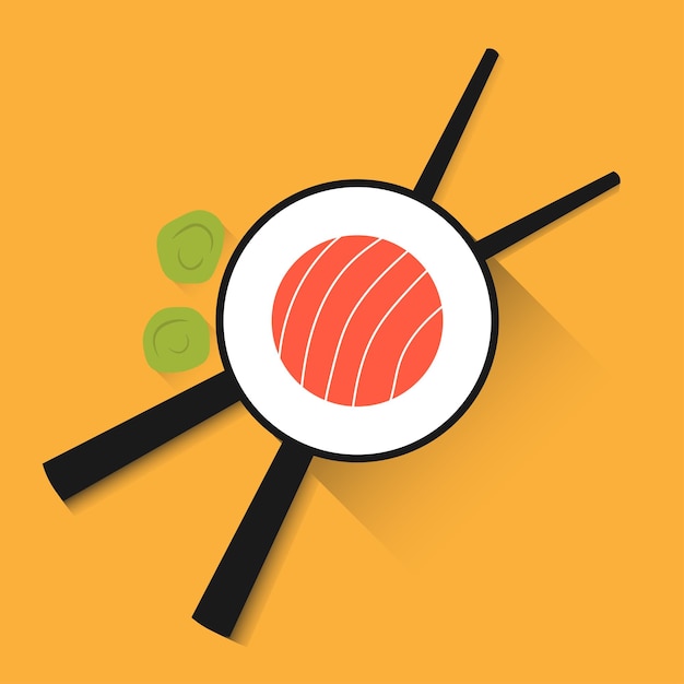 Chopsticks with sushi roll and rise Sushi piece with chopstick vector web icon isolated on yellow background top view