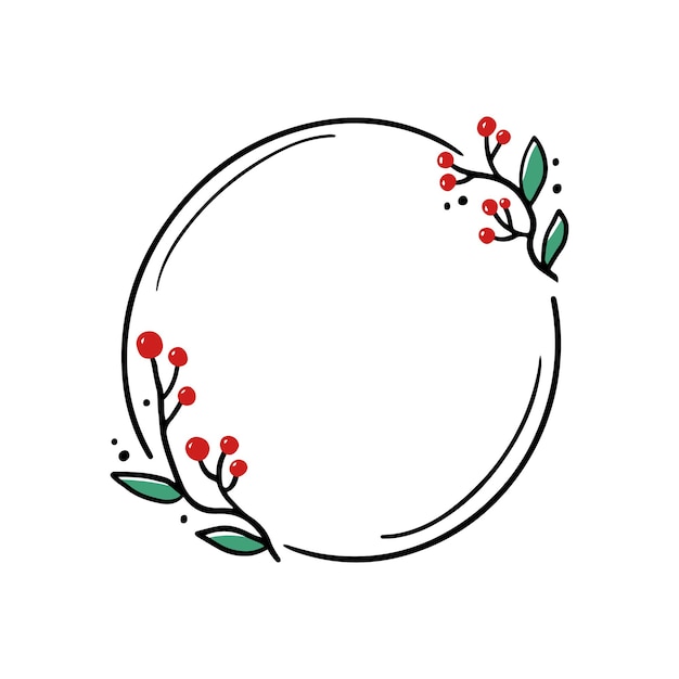 Chrirtmas floral frame with circle, round shape. Doodle hand drawn style wreath frame. Vector illustration for christmas, wedding decoration.