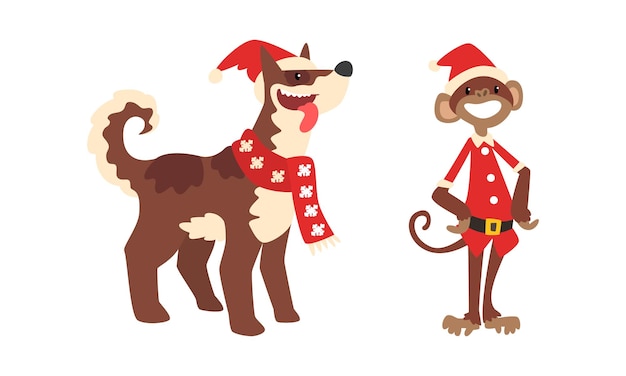 Vector chrismas animals set dog and monkey chinese horoscope animals in bright red caps and scarves cartoon vector illustration