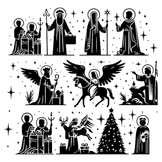 Christian characters holy night sacred religious black silhouette set vector flat illustration