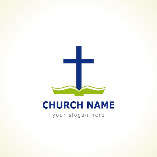 Christian church vector logo Blue colored crucifixion open green book with cover and pages