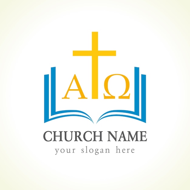 Christian church vector logotype. Open blue book, cover, pages, I am Alpha and Omega Bible symbol.