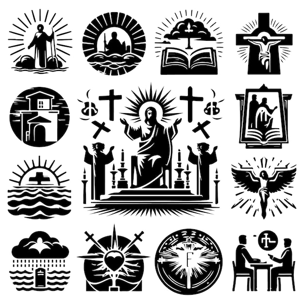 Christian Cross black and white royalty free vector icon set stock illustration