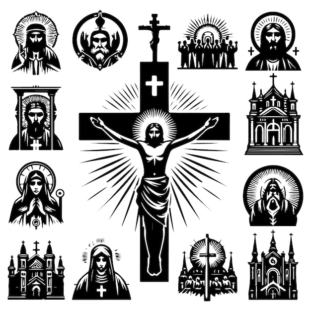 Christian Cross black and white royalty free vector icon set stock illustration