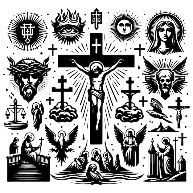 Christian Cross black and white royalty free vector icon set stock illustration