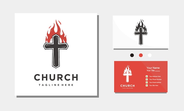 Christian cross church logo design Silhouette outline of cross and flame combination