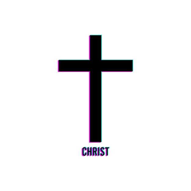 Christian cross in glitch tv vhs design vector illustration isolated on white background with gradient lines