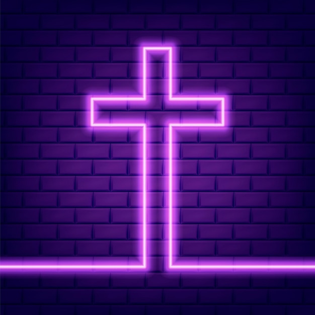 Vector christian cross glowing neon sign or led strip light vector illustration