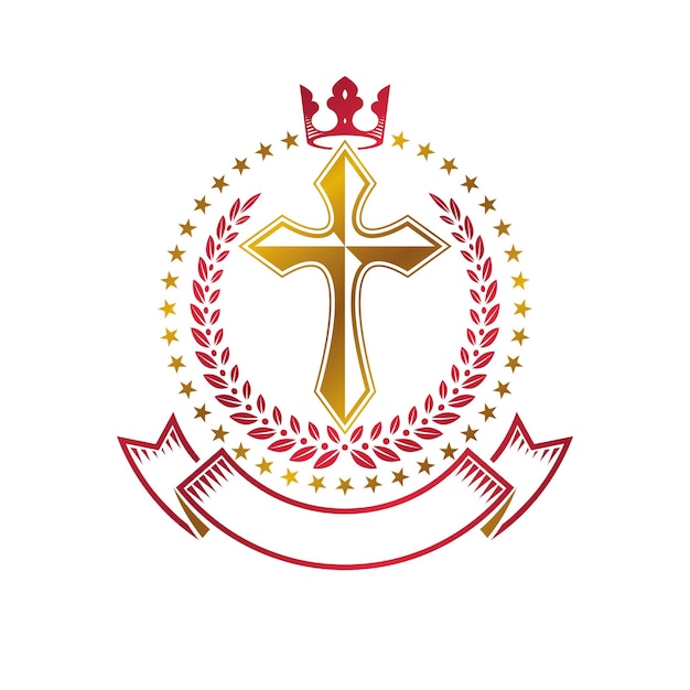 Christian Cross golden emblem created with royal crown, laurel wreath and luxury ribbon. Heraldic Coat of Arms decorative logo isolated vector illustration. Religion and spirituality symbol.