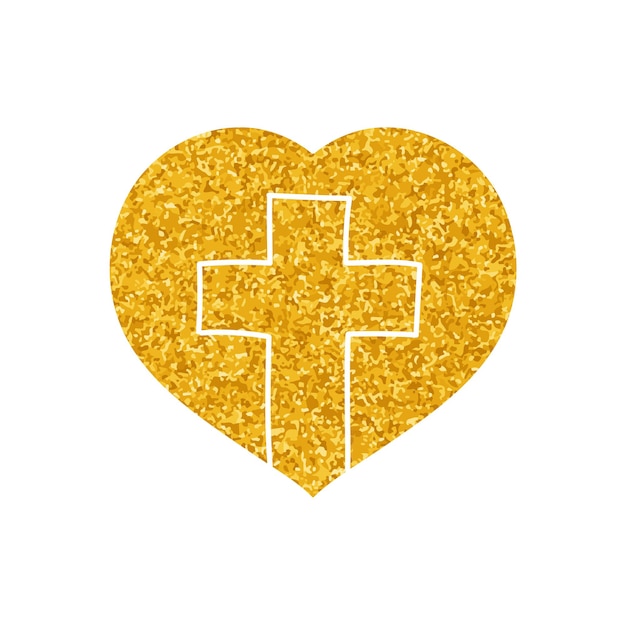 Vector christian cross inside heart shape drawing in gold color style