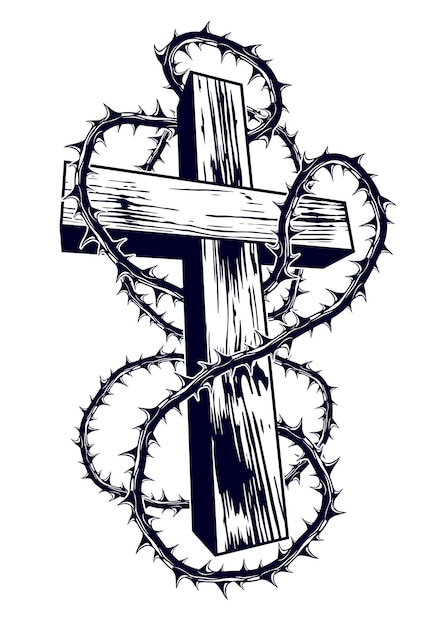 Christian cross with blackthorn thorn vector religion logo or tattoo, passion of the Christ.