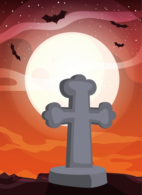 Christian cross with moon in scene of halloween