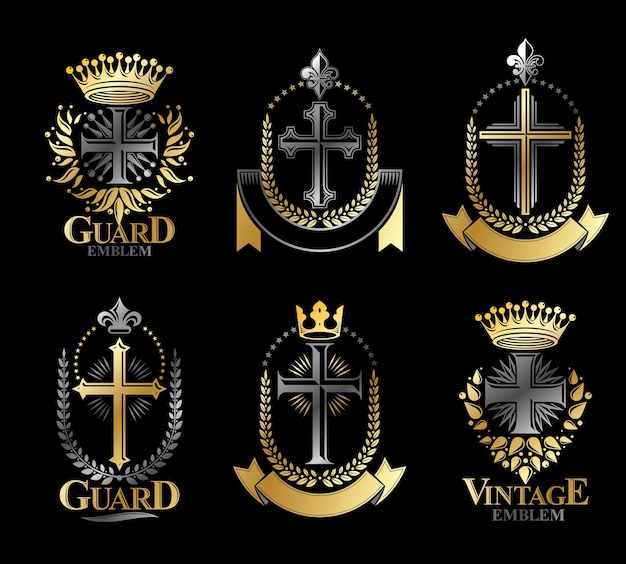 Christian Crosses emblems set. Heraldic vector design elements collection. Retro style label, heraldry logo.