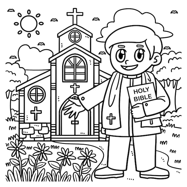 Christian Priest in Front of Church Coloring Page