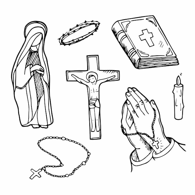 Christian Religion doodle icon set. Christianity Vector illustration collection.