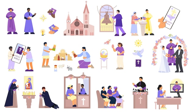 Christianity set with flat isolated icons of holy books churches religious symbols serving and praying people vector illustration