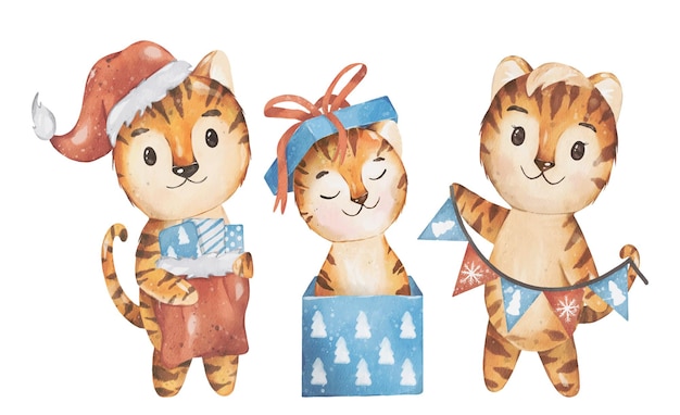 Christmas and 2022 new year illustration Happy tiger family watercolor vector design