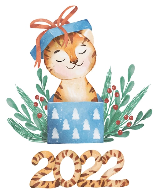 Christmas and 2022 new year illustration Tiger in present box watercolor vector design