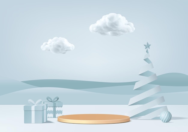 Christmas 3d minimal rendered scene with gift box and podium platform. Christmas tree background vector 3d rendering with gold podium. stand to show products. Christmas 3d showcase on pedestal blue