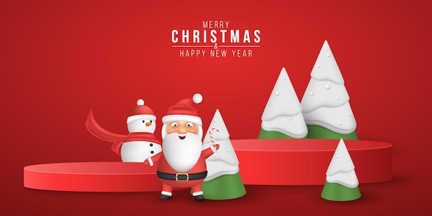 Christmas 3d podium for display your product Emotional cartoon santa and snowman with decorative fir trees Festive xmas scene for sale Holiday mockup Vector illustration