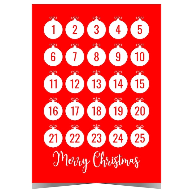 Christmas Advent calendar with Christmas tree decoration balls on red background