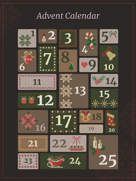 Vector christmas advent calendar with cross stitch style