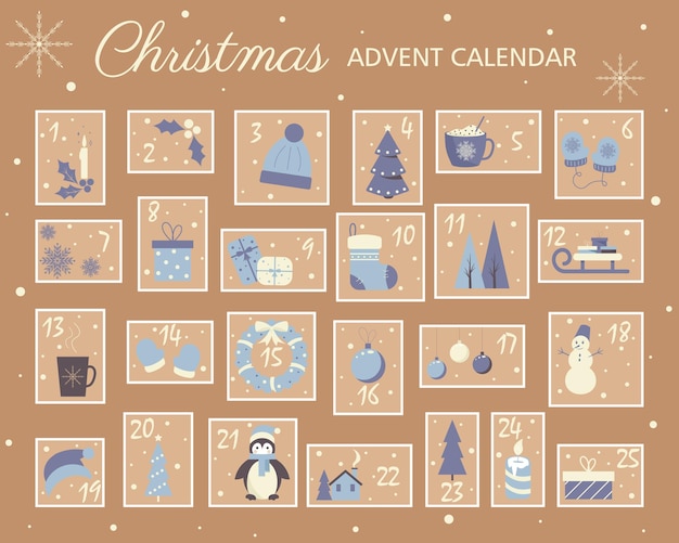 Christmas Advent calendar with hand drawn elements. Xmas Poster. Vector illustration.