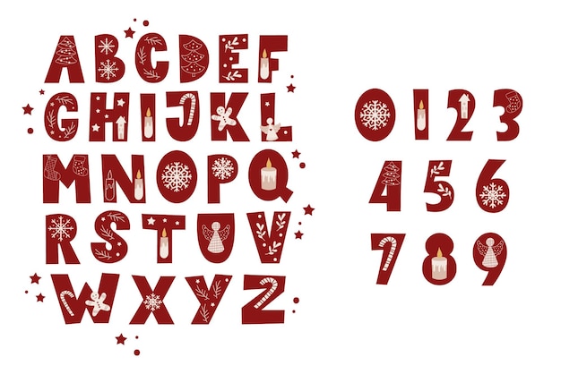 Christmas alphabet set and numbers. Vector illustration.