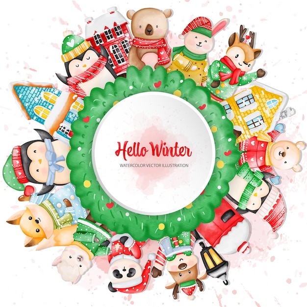 Christmas animals circle background Watercolor Winter animals Watercolor illustrationxDxA