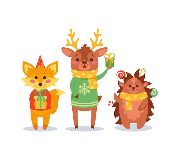 Christmas Animals Fox, Reindeer and Hedgehog Waving Hands, Cartoon Funny Characters Wear Sweaters, Hats and Scarves