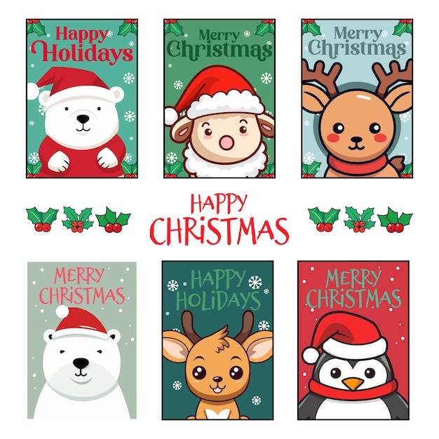 Christmas Animals in Santa Hats Deer Penguin Sheep Reindeer Polar Bear