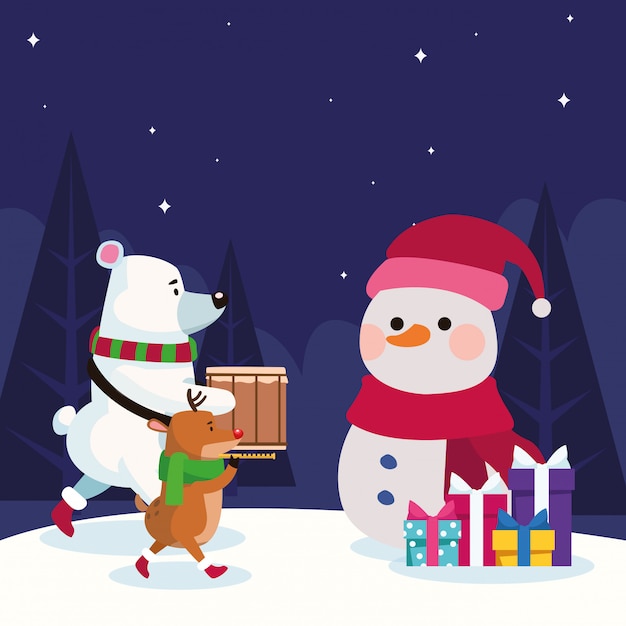 Christmas animals and snowman with gift boxes